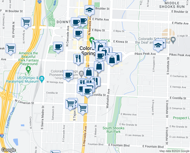 map of restaurants, bars, coffee shops, grocery stores, and more near 230 South Weber Street in Colorado Springs