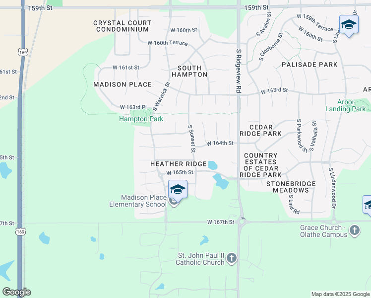 map of restaurants, bars, coffee shops, grocery stores, and more near 16406 South Sunset Street in Olathe