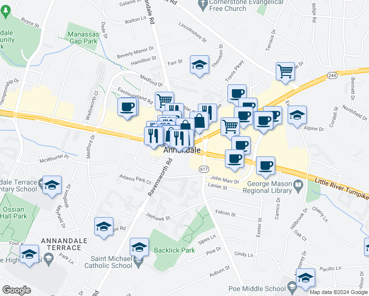 map of restaurants, bars, coffee shops, grocery stores, and more near 10278 Virginia 244 in Annandale