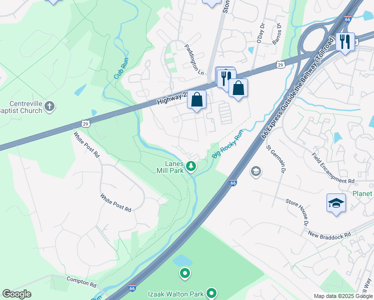 map of restaurants, bars, coffee shops, grocery stores, and more near 6403 Paddington Court in Centreville