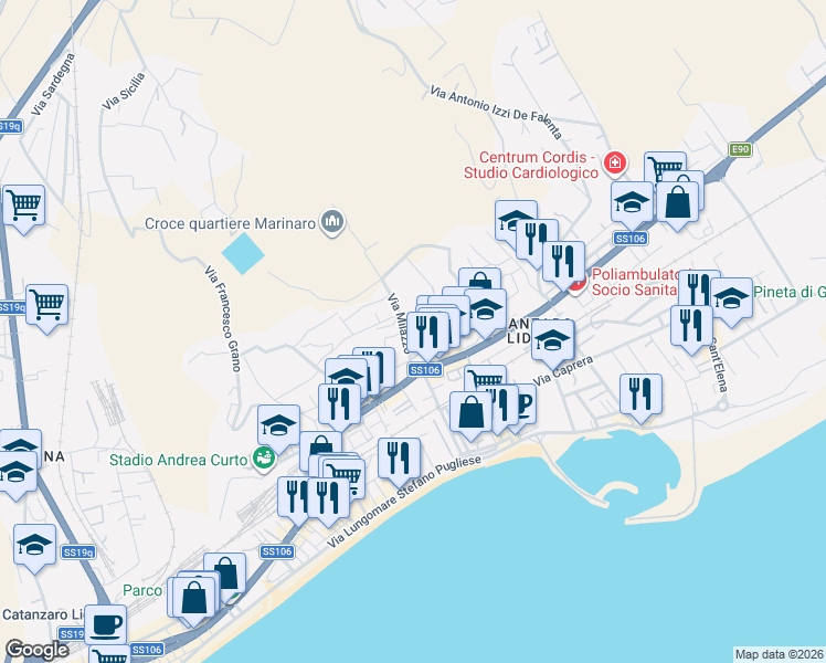 map of restaurants, bars, coffee shops, grocery stores, and more near 28 Via Milazzo in Catanzaro