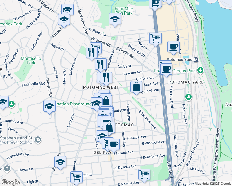 map of restaurants, bars, coffee shops, grocery stores, and more near 120 East Raymond Avenue in Alexandria