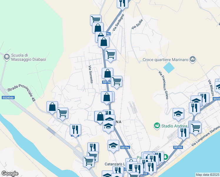 map of restaurants, bars, coffee shops, grocery stores, and more near 211 Viale Magna Grecia in Catanzaro