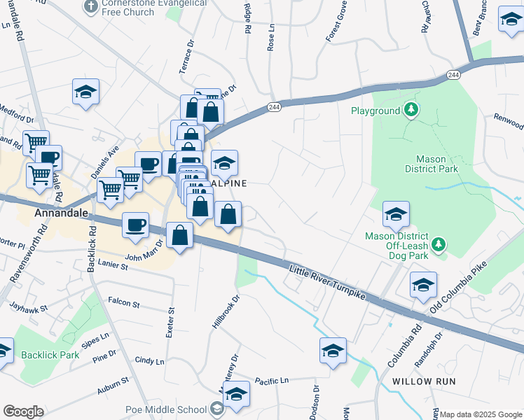 map of restaurants, bars, coffee shops, grocery stores, and more near 4335 Greenberry Lane in Annandale