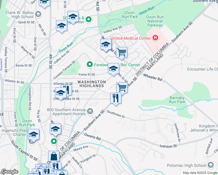 map of restaurants, bars, coffee shops, grocery stores, and more near 830 Marjorie Court Southeast in Washington