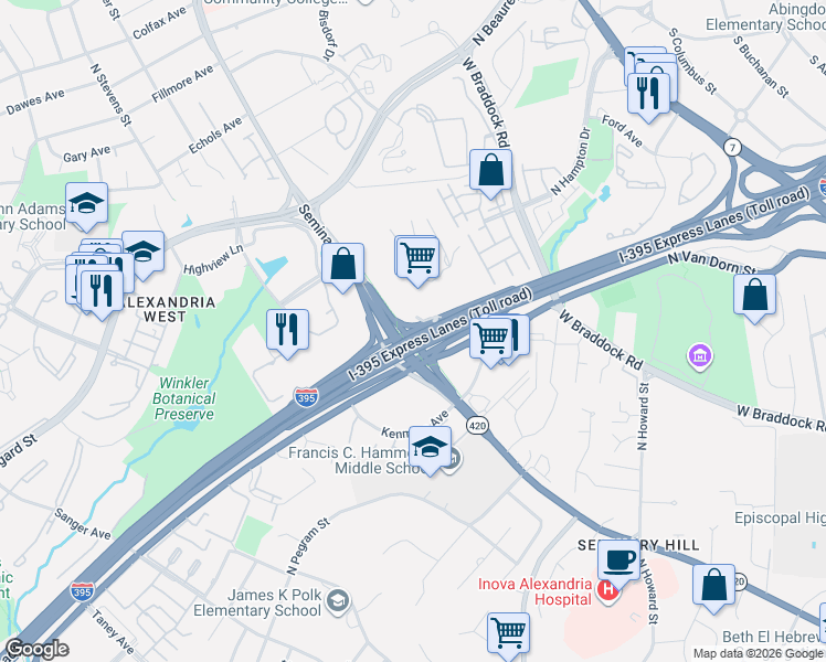 map of restaurants, bars, coffee shops, grocery stores, and more near I395 Sb Ramp To Seminary Road Eb Ramp in Alexandria