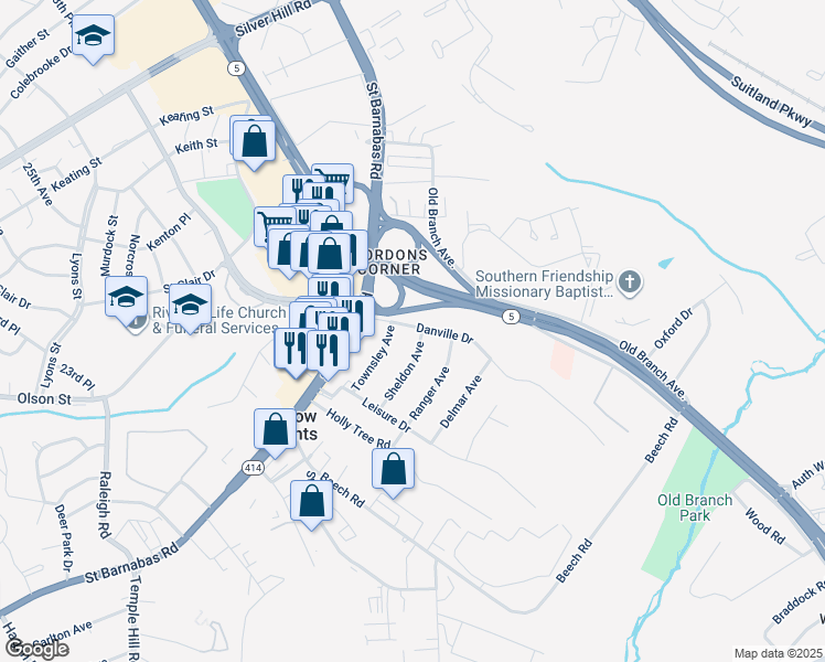 map of restaurants, bars, coffee shops, grocery stores, and more near 3915 Danville Drive in Temple Hills