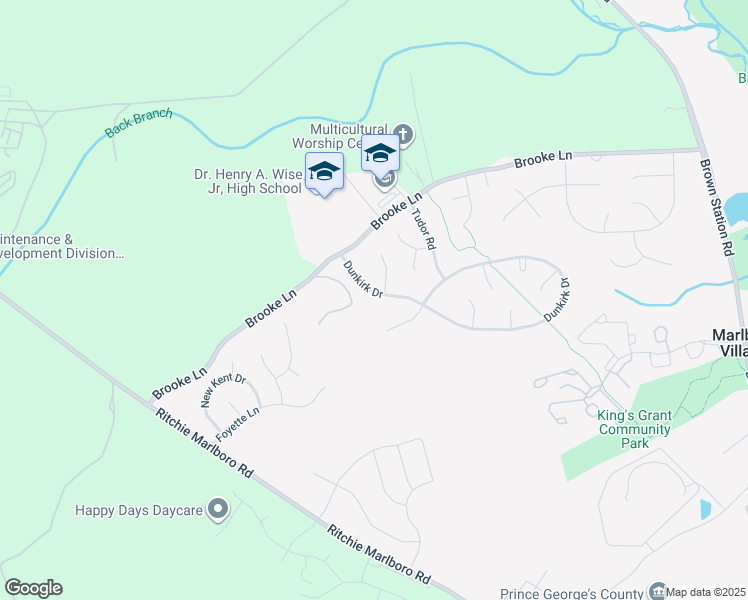 map of restaurants, bars, coffee shops, grocery stores, and more near 12615 Dunkirk Drive in Upper Marlboro