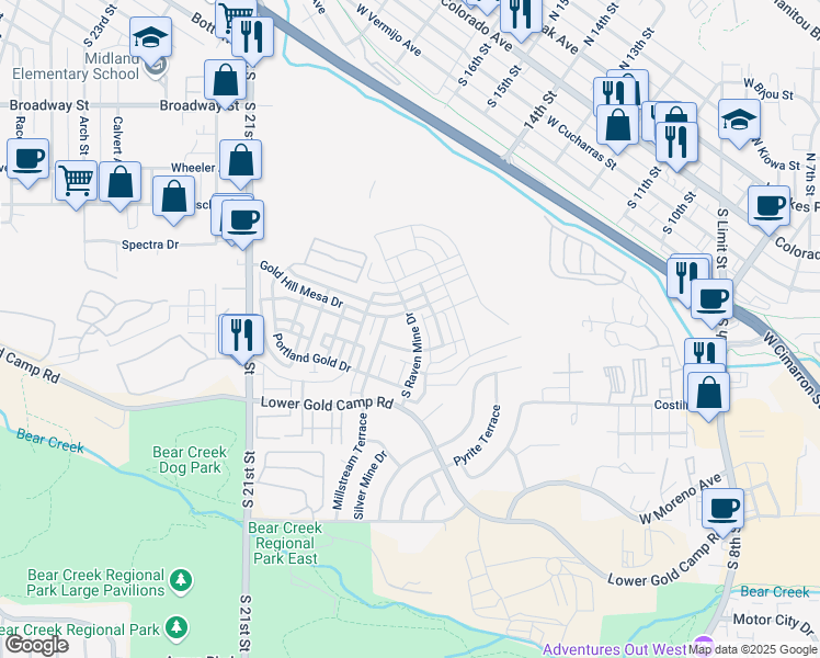 map of restaurants, bars, coffee shops, grocery stores, and more near 142 South Raven Mine Drive in Colorado Springs