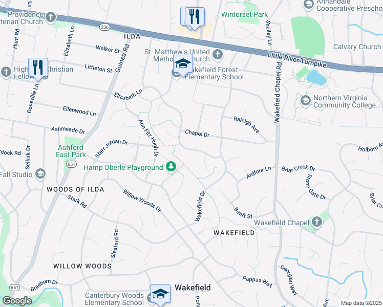 map of restaurants, bars, coffee shops, grocery stores, and more near 4220 Elizabeth Lane in Annandale