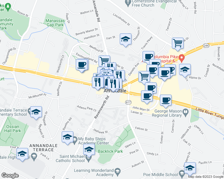 map of restaurants, bars, coffee shops, grocery stores, and more near 4282 Ravensworth Road in Annandale