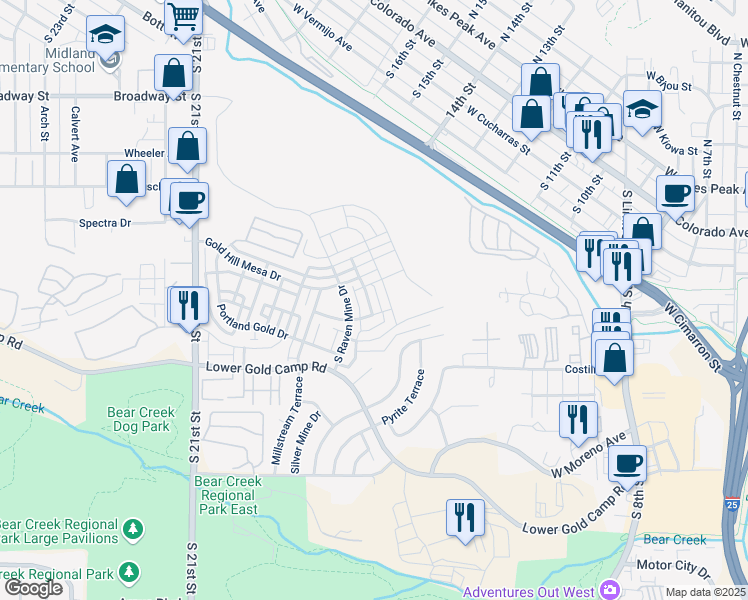map of restaurants, bars, coffee shops, grocery stores, and more near 149 South Favorite Street in Colorado Springs