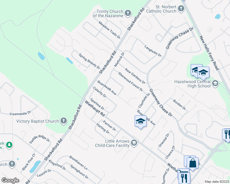 map of restaurants, bars, coffee shops, grocery stores, and more near 1619 Boardwalk Avenue in Florissant
