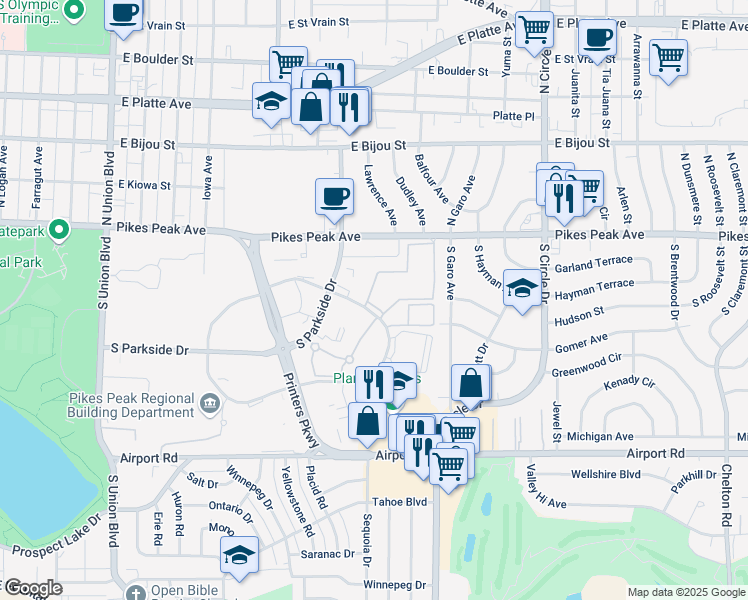 map of restaurants, bars, coffee shops, grocery stores, and more near 2350 International Circle in Colorado Springs