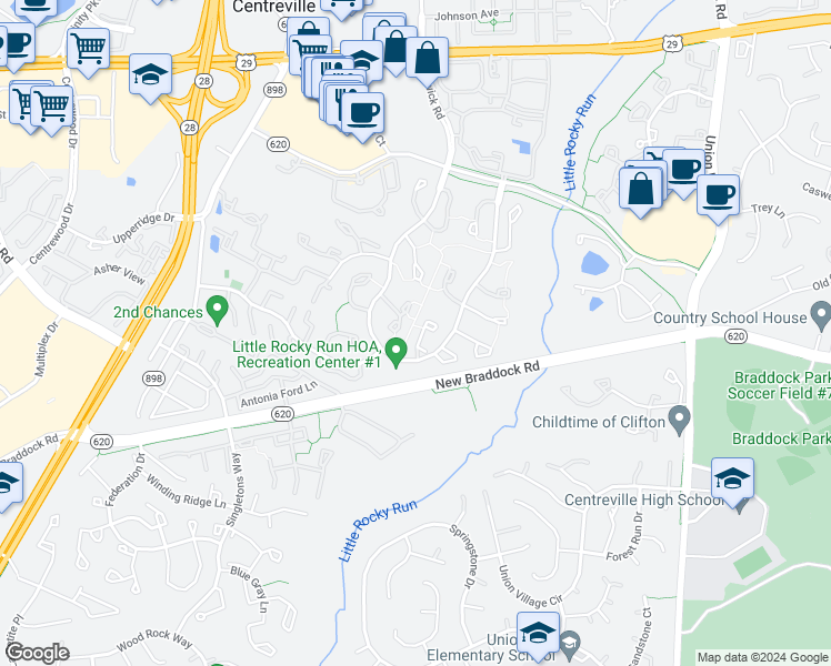 map of restaurants, bars, coffee shops, grocery stores, and more near 5926 Spruce Run Court in Centreville