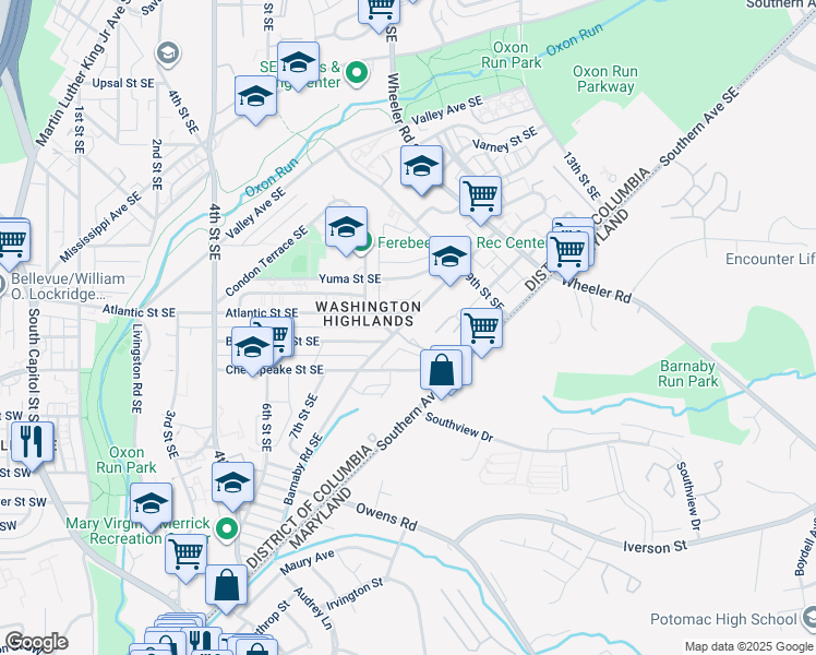 map of restaurants, bars, coffee shops, grocery stores, and more near 845 Barnaby Street Southeast in Washington