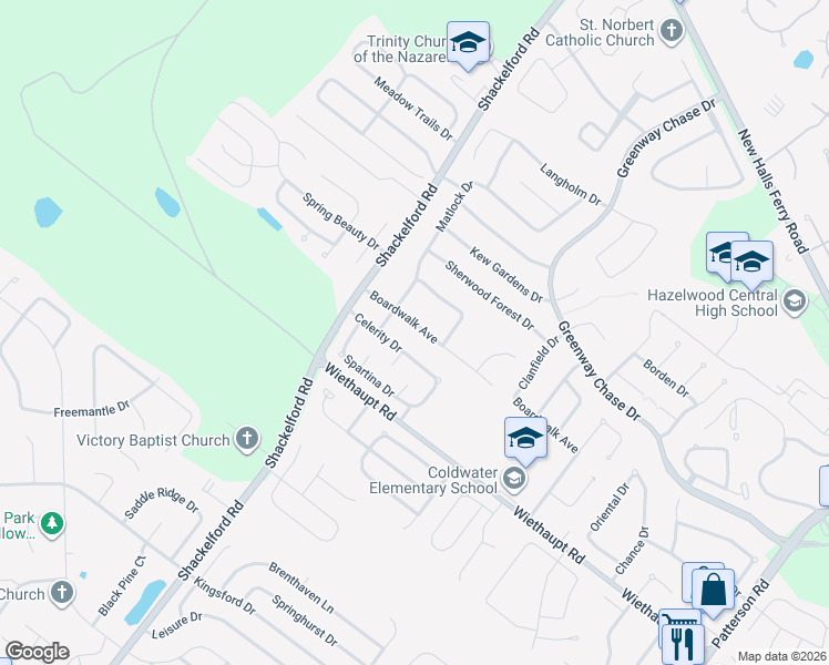 map of restaurants, bars, coffee shops, grocery stores, and more near 1679 Celerity Drive in Florissant