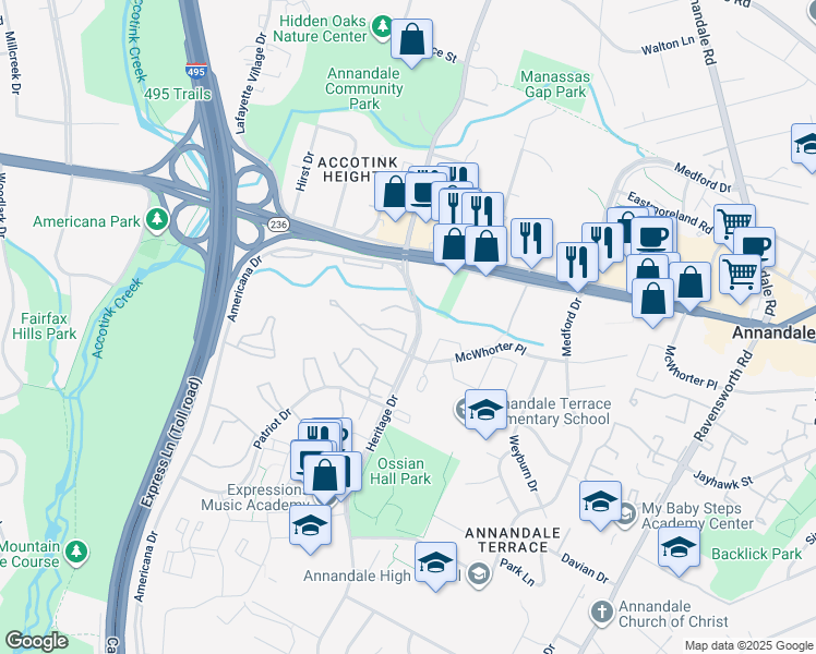 map of restaurants, bars, coffee shops, grocery stores, and more near 7704 Donnybrook Court in Annandale