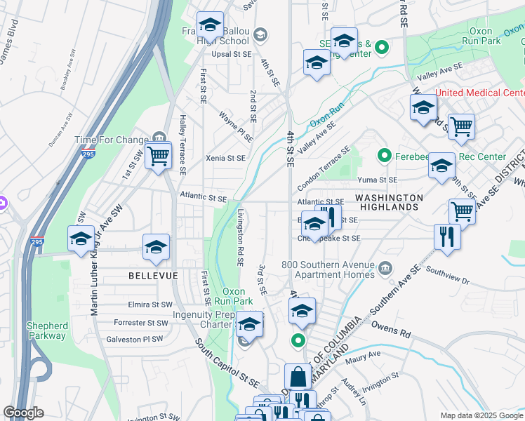 map of restaurants, bars, coffee shops, grocery stores, and more near 4009 3rd Street Southeast in Washington
