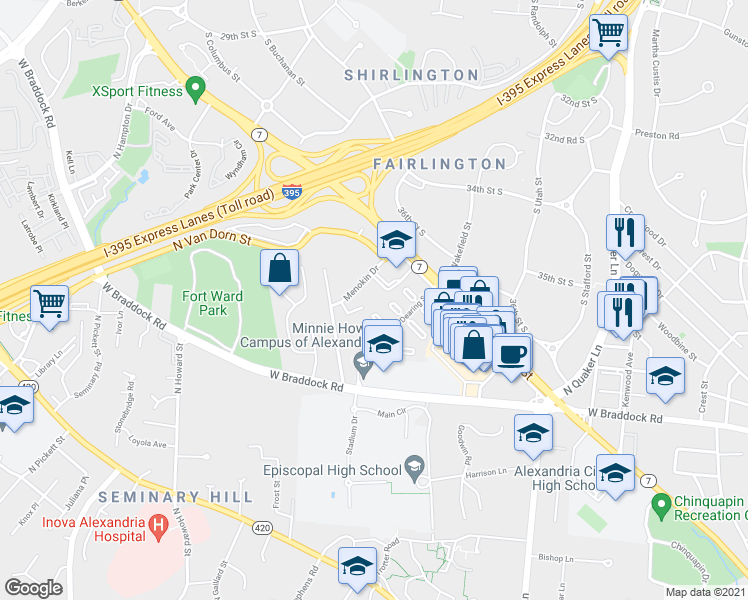map of restaurants, bars, coffee shops, grocery stores, and more near 2427 Menokin Drive in Alexandria