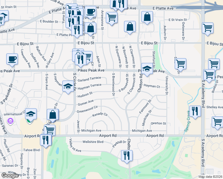 map of restaurants, bars, coffee shops, grocery stores, and more near 3122 Hudson Street in Colorado Springs