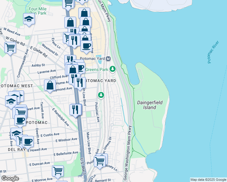 map of restaurants, bars, coffee shops, grocery stores, and more near 1847 Potomac Greens Drive in Alexandria