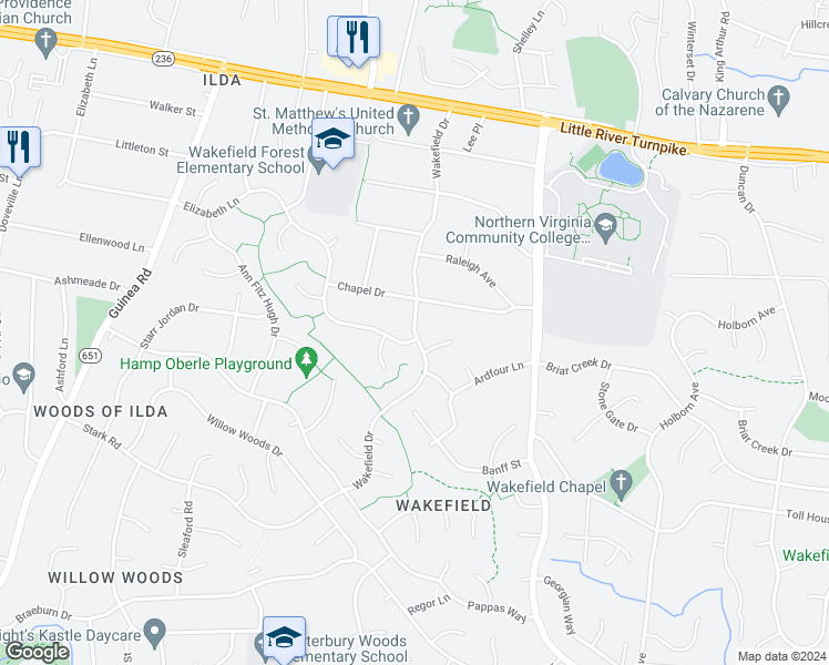map of restaurants, bars, coffee shops, grocery stores, and more near 4304 Wakefield Dr in Annandale