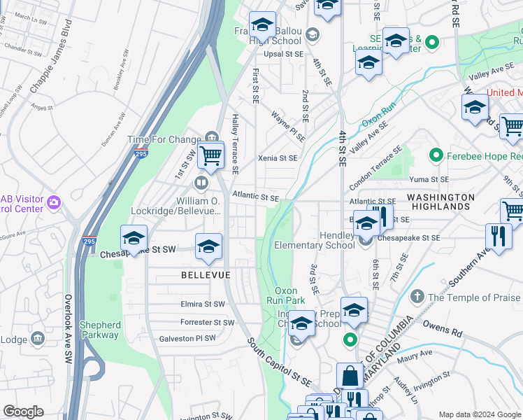 map of restaurants, bars, coffee shops, grocery stores, and more near 4020 First Street Southeast in Washington