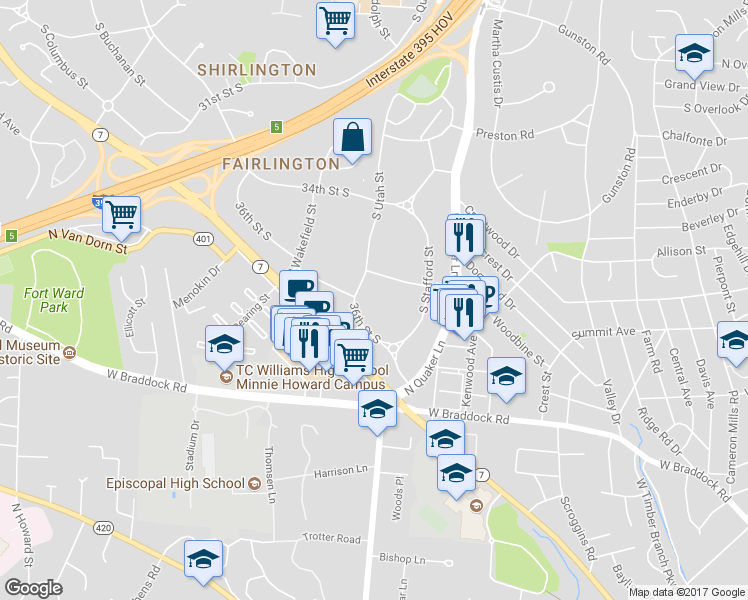map of restaurants, bars, coffee shops, grocery stores, and more near 3535 South Utah Street in Arlington
