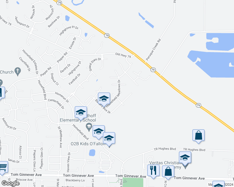 map of restaurants, bars, coffee shops, grocery stores, and more near 1631 Homefield Meadows Drive in O'Fallon
