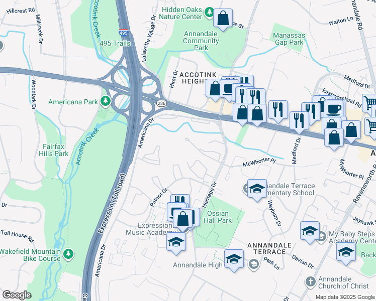 map of restaurants, bars, coffee shops, grocery stores, and more near 7753 Donnybrook Court in Annandale