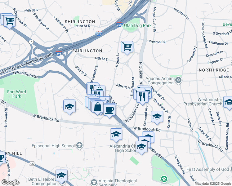 map of restaurants, bars, coffee shops, grocery stores, and more near 3533 South Utah Street in Arlington