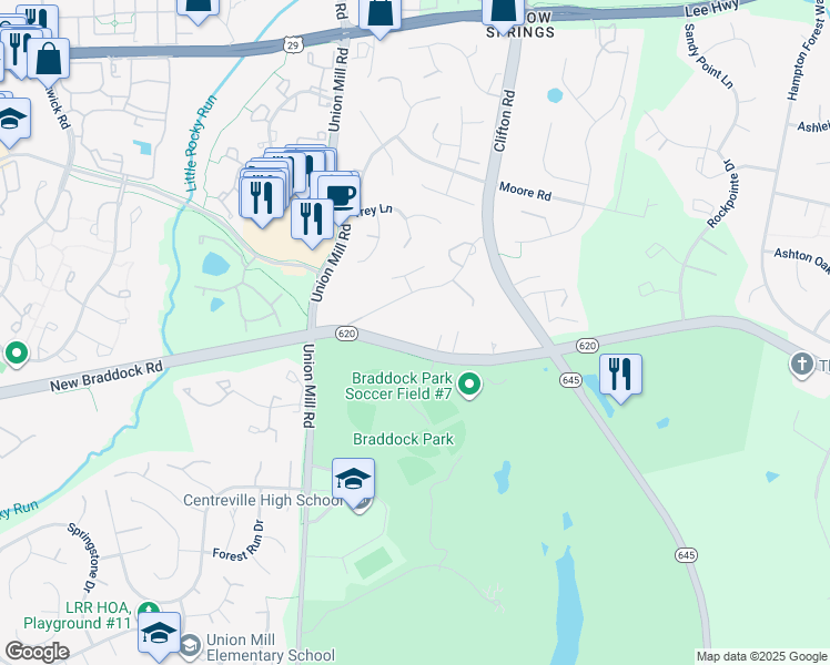map of restaurants, bars, coffee shops, grocery stores, and more near 13328 Braddock Road in Clifton