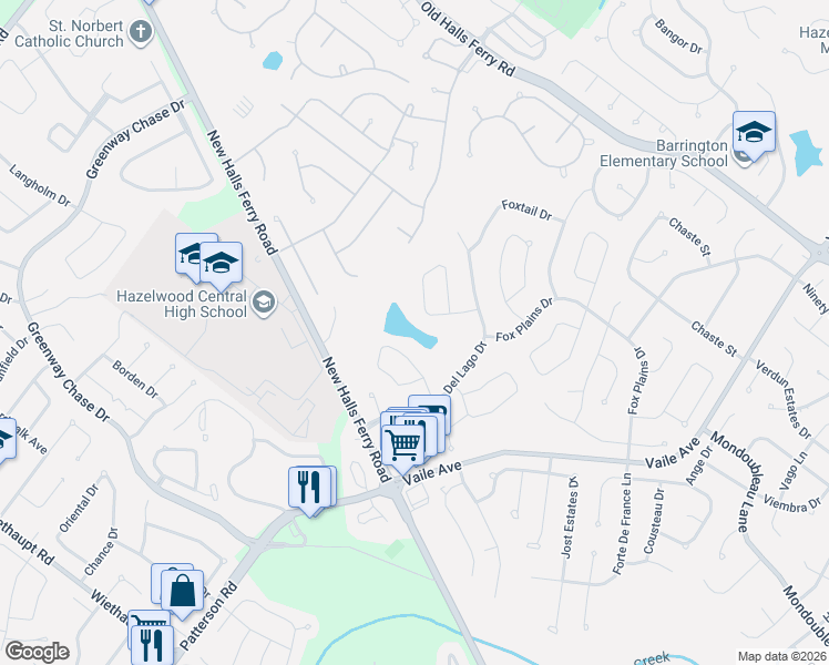 map of restaurants, bars, coffee shops, grocery stores, and more near 750 Watersedge Drive in Florissant