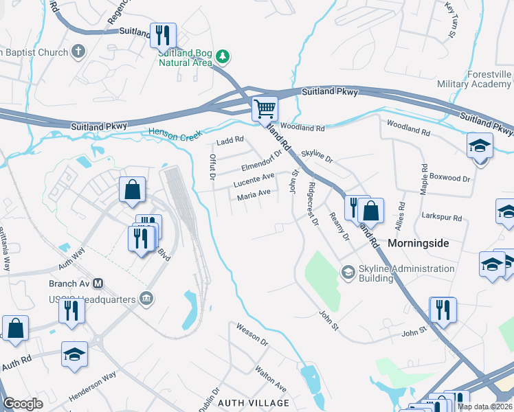 map of restaurants, bars, coffee shops, grocery stores, and more near 4305 Donna Street in Camp Springs