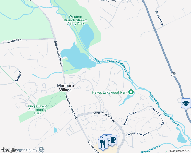 map of restaurants, bars, coffee shops, grocery stores, and more near 4316 Lord Fairfax Court in Upper Marlboro