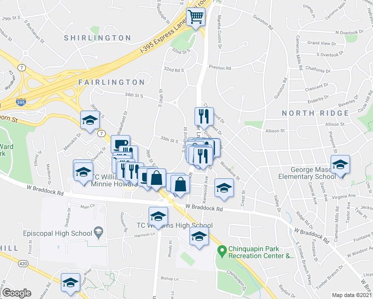 map of restaurants, bars, coffee shops, grocery stores, and more near 3519 South Stafford Street in Arlington