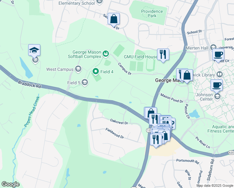 map of restaurants, bars, coffee shops, grocery stores, and more near 4721 Groves Lane in Fairfax