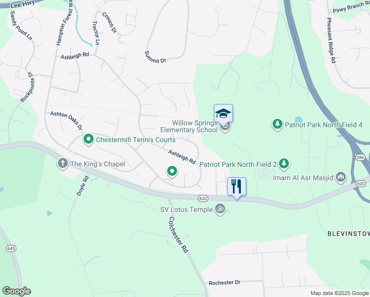 map of restaurants, bars, coffee shops, grocery stores, and more near 5439 Ashleigh Road in Fairfax