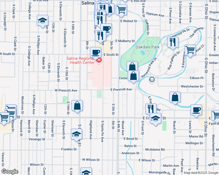 map of restaurants, bars, coffee shops, grocery stores, and more near 117 East Prescott Avenue in Salina
