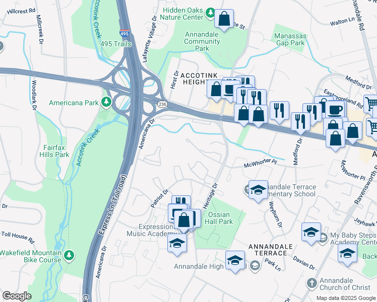 map of restaurants, bars, coffee shops, grocery stores, and more near 7753 Donnybrook Court in Annandale