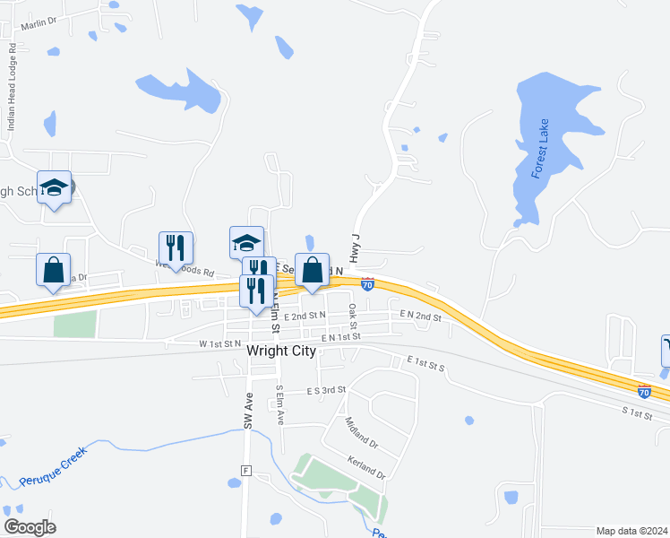 map of restaurants, bars, coffee shops, grocery stores, and more near 209 East Service Road North in Wright City
