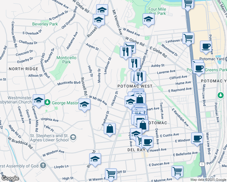 map of restaurants, bars, coffee shops, grocery stores, and more near 106 Kennedy Street in Alexandria