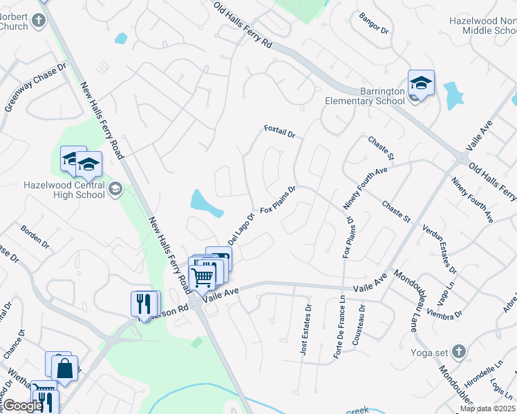 map of restaurants, bars, coffee shops, grocery stores, and more near 699 Fox Plains Drive in Florissant