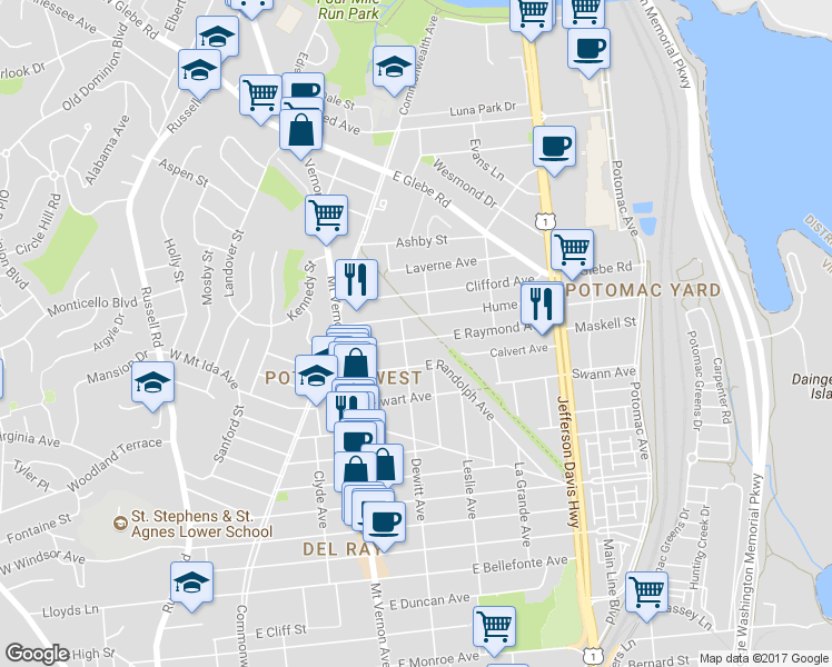 map of restaurants, bars, coffee shops, grocery stores, and more near 204 East Raymond Avenue in Alexandria