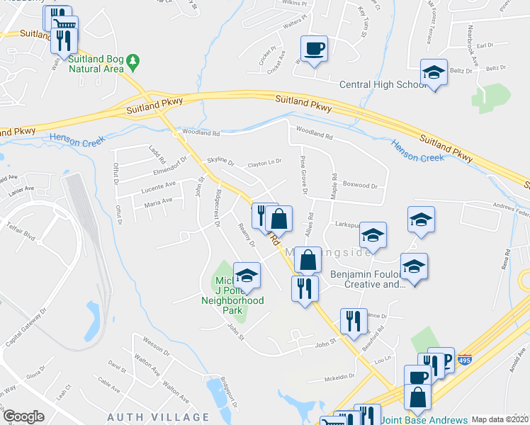 map of restaurants, bars, coffee shops, grocery stores, and more near 6408 Suitland Road in Camp Springs