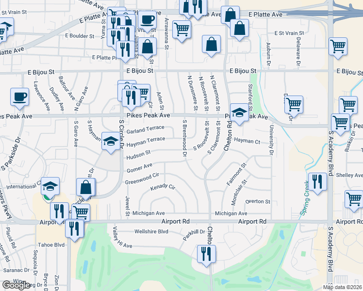 map of restaurants, bars, coffee shops, grocery stores, and more near 3122 Hudson Street in Colorado Springs