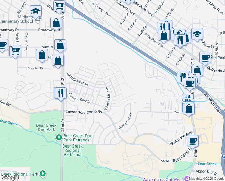 map of restaurants, bars, coffee shops, grocery stores, and more near 149 South Favorite Street in Colorado Springs