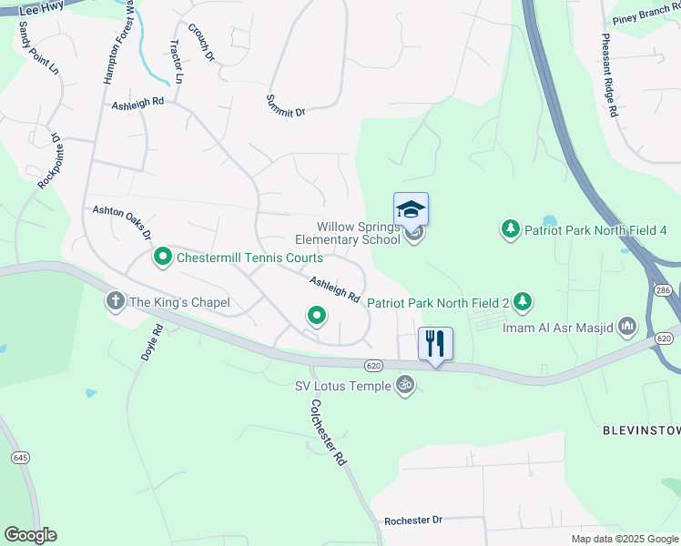 map of restaurants, bars, coffee shops, grocery stores, and more near 5439 Ashleigh Road in Fairfax