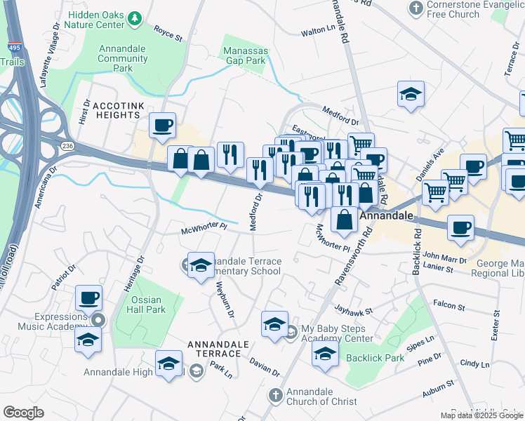 map of restaurants, bars, coffee shops, grocery stores, and more near 7487 Little River Turnpike in Annandale